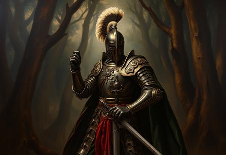 A dramatic Baroque oil painting, in the style of Raphael, portraying a classical dark fantasy grimdark knight in ornate armor, with a prominent plume, holding a sword, centered in a deep, atmospheric dark forest painted with rich textures, heavy shadows, and hints of ancient forms. The knight is in a poised, monumental stance, interpreting Dynamic Action Pose as dramatic posture, captured in a Well-timed Moment. The mood is solemn, powerful, and intensely anticipatory, conveying Vivid Emotions and a Joyful Impact (interpreted as dramatic impact of the painting). High-res, 4K, Exceptional Quality, More Detail, Lifelike Details (painted realism), Super Detailed Face and Eyes and Clothes (rendered with painterly detail), Handcrafted with Precision, High Quality, Sharp Lines and Brush Strokes (visible brushwork), Stunning Colors (deep, rich pigments, chiaroscuro), Harmonious Colors, Multi Colored, Contemporary Aesthetics, Beautiful Matte Painting (as a classical technique), Impeccable Composition (Golden Ratio), Creative Angle, Attractive Background (textured painting), Balanced Editing, Intentional Focus, Isometric, Captivating Lighting (strong chiaroscuro), Grammer Effect Style, Splash Ink Illustration, Octane Render, Unreal Engine 5, Raphael Style (emphasized), Houdini Style, Powerful Message, Beautiful Detailed Eyes (expressive), CGSociety, Artstation Trending on ArtstationHQ, Golden Ratio.