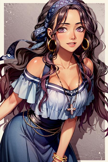 (masterpiece, best quality:1.1), <lora:alicia_willv1-000003:0.7>, youngalicia_will, young_defaultoutfit, 1girl, long hair, dark skin, dark-skinned female, necklace, bracelet, simple background, bare shoulders, looking at viewer, wavy hair, smile, purple skirt, brown hair, hoop earrings, cross, purple hairband, purple eyes, collarbone, off-shoulder shirt, ((;d, arms behind back, leaning forward)), purple shirt, sitting