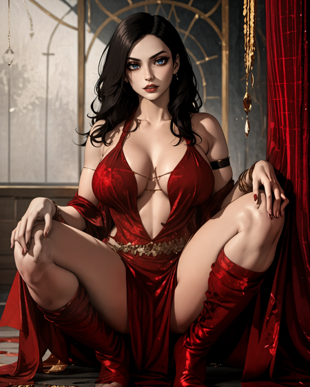 KaileenaWW 1girl, black hair, long hair, blue eyes, makeup, red eyeshadow, lipstick red dress, cleavage, breasts, jewelry, straps, boots