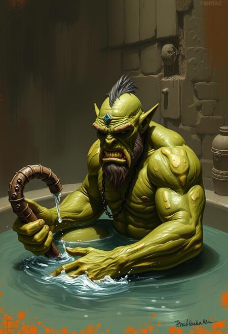 An orc taking a bath
In the style of Umberto Ramos