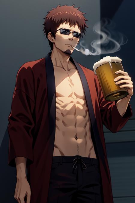 best_quality, 1Man, Small Beard, Geta, Middle Aged, (Dark_Smoking:1.4), Dark Glasses, Brown Hair, Short Hair, (holding_beer:1.4), (sad_face:1.1), (bare_belly:1.4), <lora:Taizou_Hasegawa_MADAO:1>,