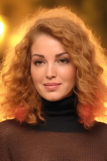 a photo of blonde (((medidum body))) of (nalci01) with her (dirty platinum yellow hairs), ((red eyebrows)), perfect face, teen, long hair, Dutch Spiral Tight Curl Perm hair, (((brown eyes))), pink skin, white skin, healty, a woman, ((turtleneck red sweater):1.1), ((outdoors, at night, ):1.2),((detailed face, beautiful face):1.3), <lora:Nalci01:1>