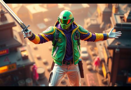 Stardust Assault Warrior in vibrant green/yellow jacket with emblem, purple shirt, white pants, green helmet, visor. Dynamic pose, arms outstretched, holding Sword of Deep-Seated, standing on Geartown background. Stark contrast, captivating cinematic lighting, Golden Ratio composition. Isometric, Depth of Field. Hyper detailed, intricate, 4K, 8k HDR. Octane Render, Unreal Engine, Digital Matte Painting, Splash Ink Illustration, Concept Art. Trending on Artstation HQ, CGSociety. Sharp lines, stunning vivid pastel colors, smooth gradients. Rendered by Beeple, Syd Meade, Craig Mullins, Ross Tran, WLOP.