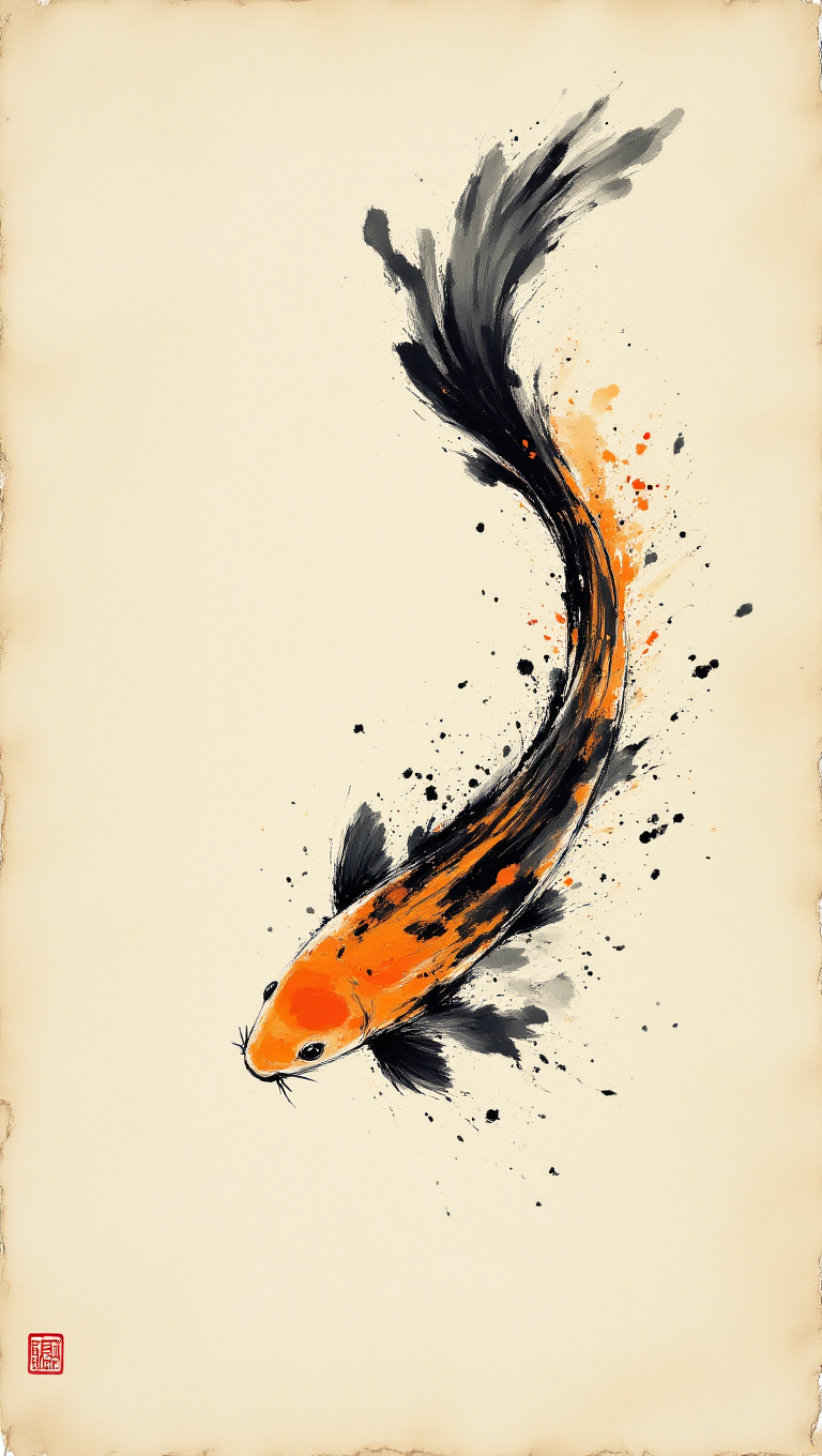 A single koi fish rendered in traditional East Asian brush painting style, swimming in a curved S-shaped motion from the upper portion toward the lower left of the frame. The fish displays a bright orange body with black accents along its fins and tail, while expressive black brushstrokes create flowing, feathery fins that extend dramatically from its body. The background is made to look like aged, cream-colored paper with visible staining and weathering around the edges, with a red rectangular seal in the lower left corner.