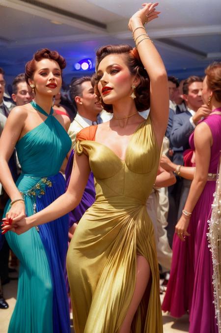 In 1959, a woman in a dress:gown by Madame Gres is dancing at an artistic salon party, lively crowd of high-class men and women  <lora:gres_merge:0.35> <lora:detail_slider_v4:1>