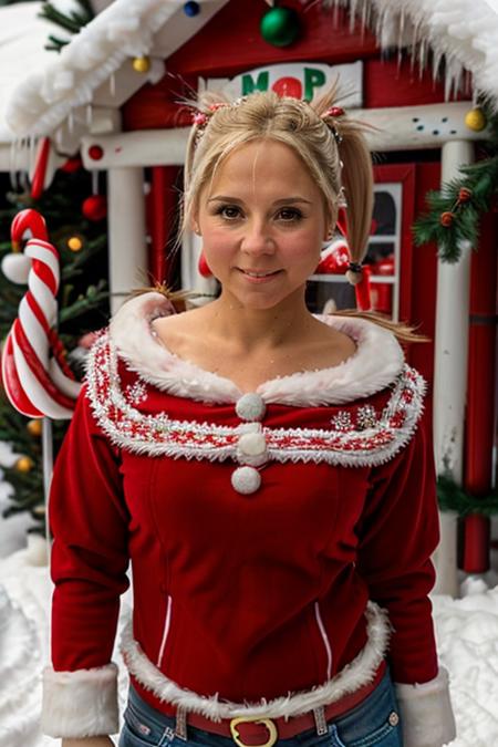 mrs santa claus, santas grotto, north pole, elves, snowmen, candy canes, snow, icicles,  <lora:Sarah_Jane_Honeywell:1> masterpiece, best quality, detailed face, 1girl, solo, a young sj1873h, blonde_hair pony tail