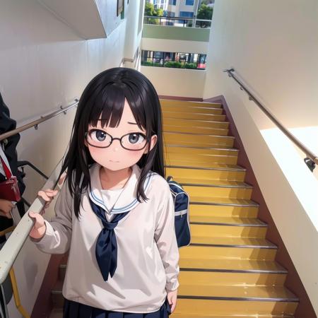 best quality, ultra-detailed, illustration,
1girl, glasses, black hair, long hair, black eyes, school uniform, blush, looking at viewer, standing,
kaidan, stairs, scenery, window, realistic, photo background, photo (medium)
 <lora:Kaidan_school_SD15_V4:1>