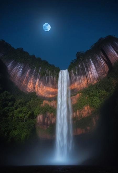 Santo Angel Falls in Venezuela at night lit by a bio-luminescence light, fog at the bottom of the fall, background moon illuminating it, stars and northern lights, very realistic photography