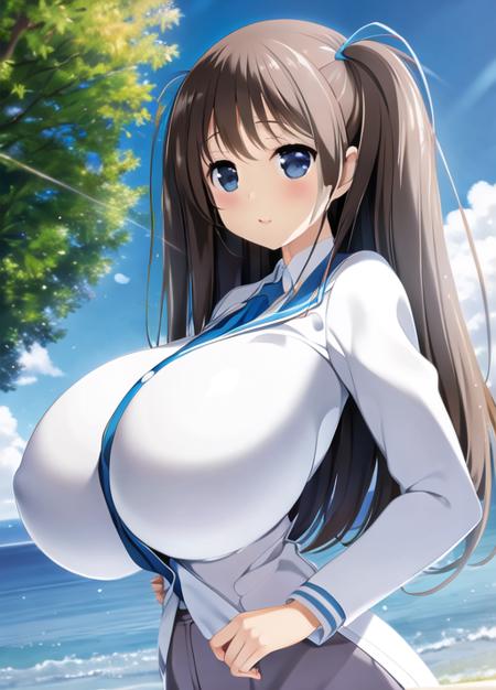 gigantic breasts,masterpiece,best quality,ultra-detailed, ray tracing,perfect lighting,reflection, outdoors,blue sky,    <lora:kobayashi ritsu-v1:1>