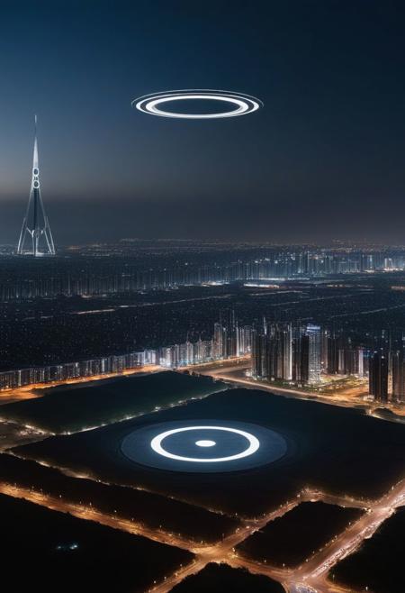 A stately pleasure-dome decree:
Aleph Tower, centre for the AI that rules the Human civilization, in a glittering city of glass and shining metal,
   bright sunlight under a pitch black sky.
So twice five miles of urban sprawl,
With walls and towers  girdled round;
In center: a black circle in bold lines intersected by a thick X, symbol,
Photographer Reuben Wu Style