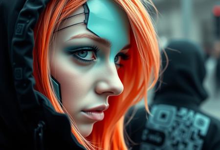 cyberpunk, closeup portrait of a woman with a half robot face, pastel teal/orange colored,  wearing a black high collar hooded parka with technical macro writing resembling an qr-code//bar-code on the back, solo, woman, high collar parka,
