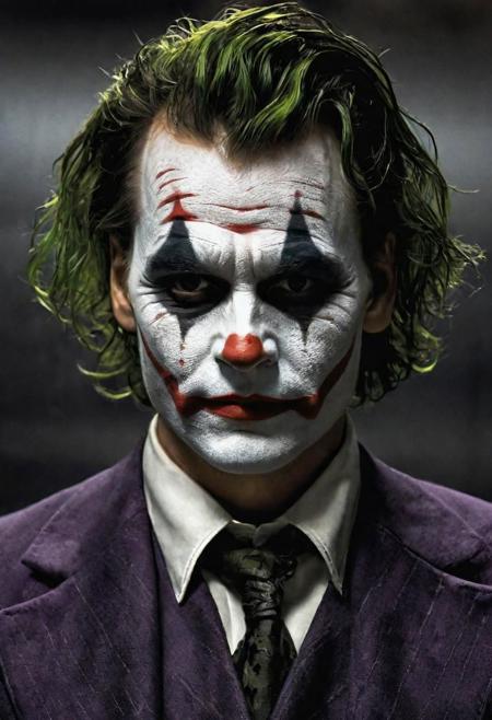 Johnny Depp as Joker, rebellious smirk, in the style of Christopher Nolan