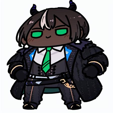 <lora:fuwafuwa:1>, single horn, 1boy, male focus, virtual youtuber, solo, shirt, horns, gloves, dark-skinned male, necktie, dark skin, green eyes, jacket, black hair, white shirt, black gloves, multicolored hair, pants, black pants, brown footwear, full body, green hair, formal, white background, streaked hair, collared shirt, looking at viewer, shoes, belt, black jacket, green necktie, earrings, suit, jewelry, standing, single earring, hand on hip, short hair, simple background, open clothes, hair slicked back, open jacket, smile