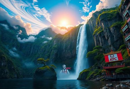 there is a tall waterfall, majestic water fall, the water fall is coming out of a mountain, Chinese mountains, there is moss growing on the mountains, small bonsai trees on the mountain, water mist, sun in the sky, sun behind clouds, water basin at base of cliff, KFC at base of cliff, KFC next to water fall, giant chicken mascot, shore, clouds, swirling, vivid colours, blue, orange, pink, sky, ancient, overgrown, landscapes, intricate details, background colourful, cloud streams, dynamic, vibrant colours, high quality, detailed, realistic, beautiful, extreme detail, hyper realistic, dynamic light, expressive, digital media (artwork), hi res, masterpiece, RAW, photo, 8k, very sharp, very detailed, realistic, real, cinematic view, shaded, detailed shading, shading,