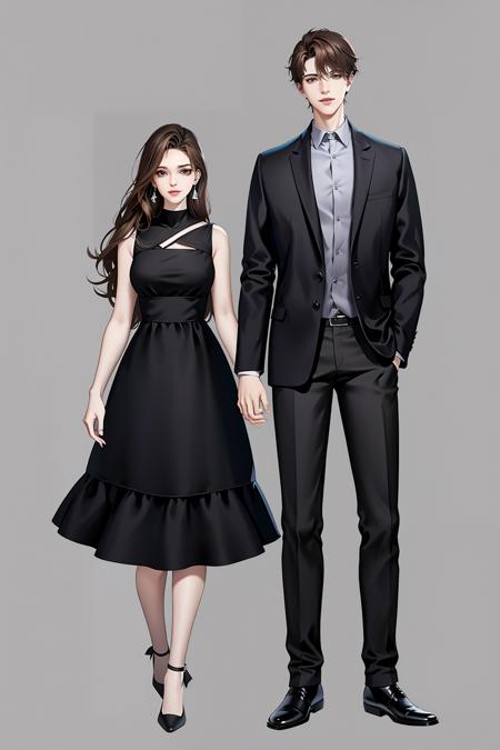 Character standing drawing,modern design,1girl,1boy,brown hair,jewelry,dress,pants,earrings,jacket,black dress,long hair,grey background,torn clothes,high heels,simple background,brown eyes,black pants,standing,full body,shoes,holding,bag,black jacket,holding hands,looking at viewer,black footwear,handbag,white footwear,<lora:xiandai:0.8>,