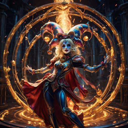 A mysterious and sexy blonde female jester placed within a magic force field, where she can dance and do her acts in a harlequin outfit, but unable to escape from the force field