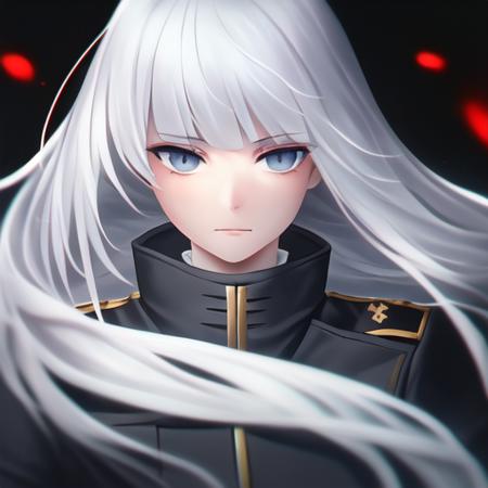 <lora:unfairr2_lora:1>  ((unfairr)), portrait, 1girl, expressionless, white hair, long hair, straight hair,  looking at viewer, military uniform, black background,