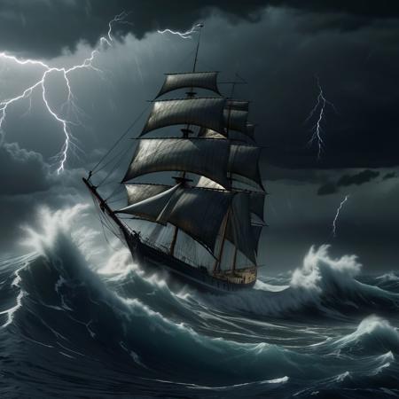 photorealistic sailing boat on the big waves in the storm, lightnings, sea monster attacking the boat, high detailed, 4k, masterpiece