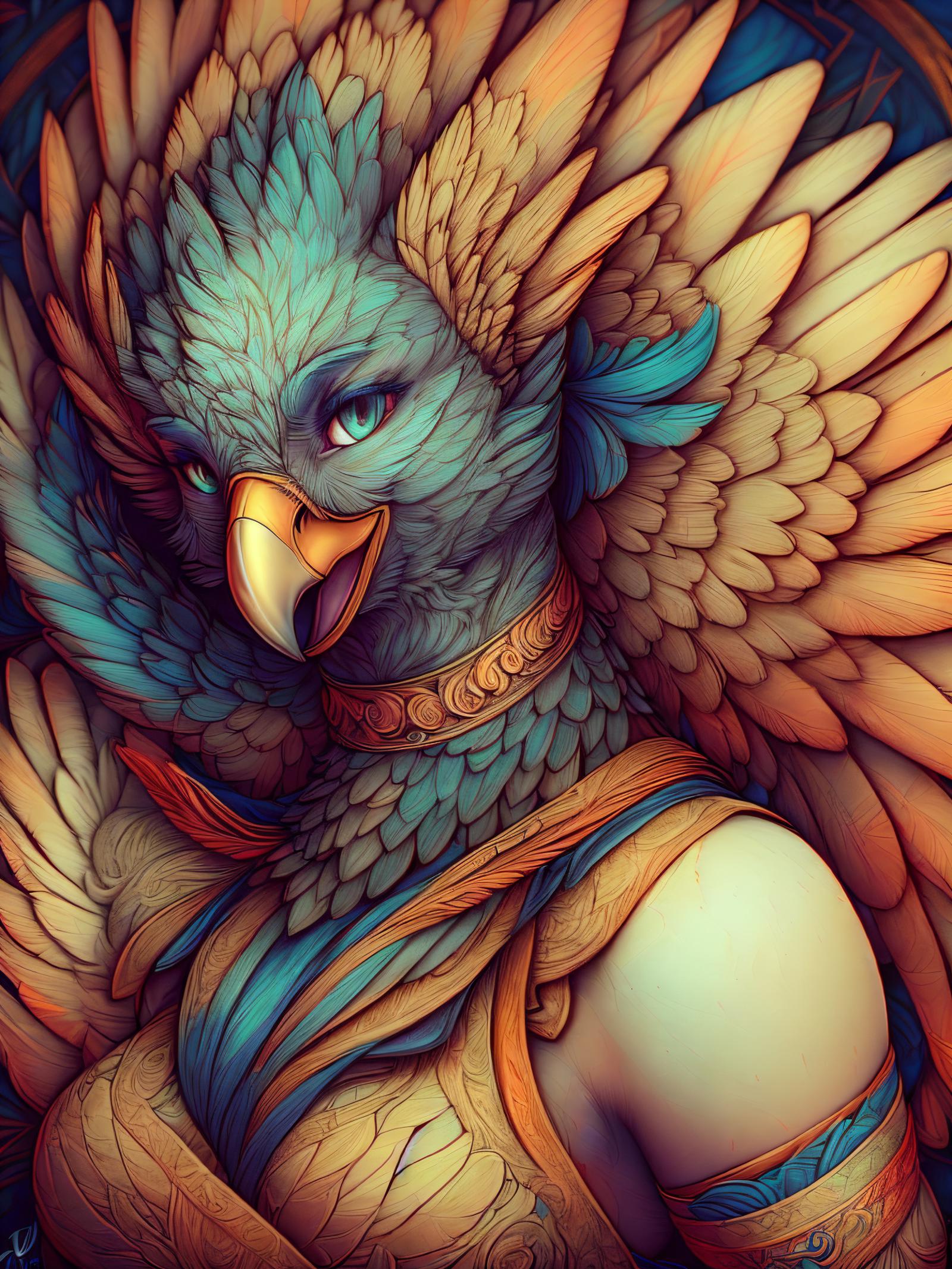 A beautifully colored illustration of a bird woman with a blue head and green eyes.