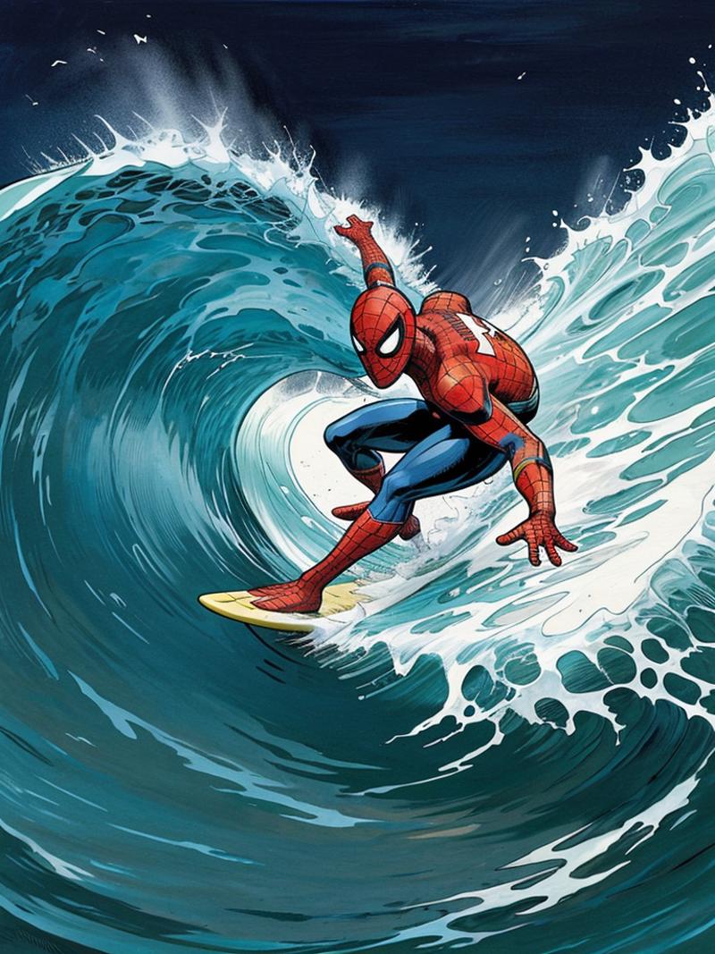 Spider-Man Riding a Wave on a Surfboard