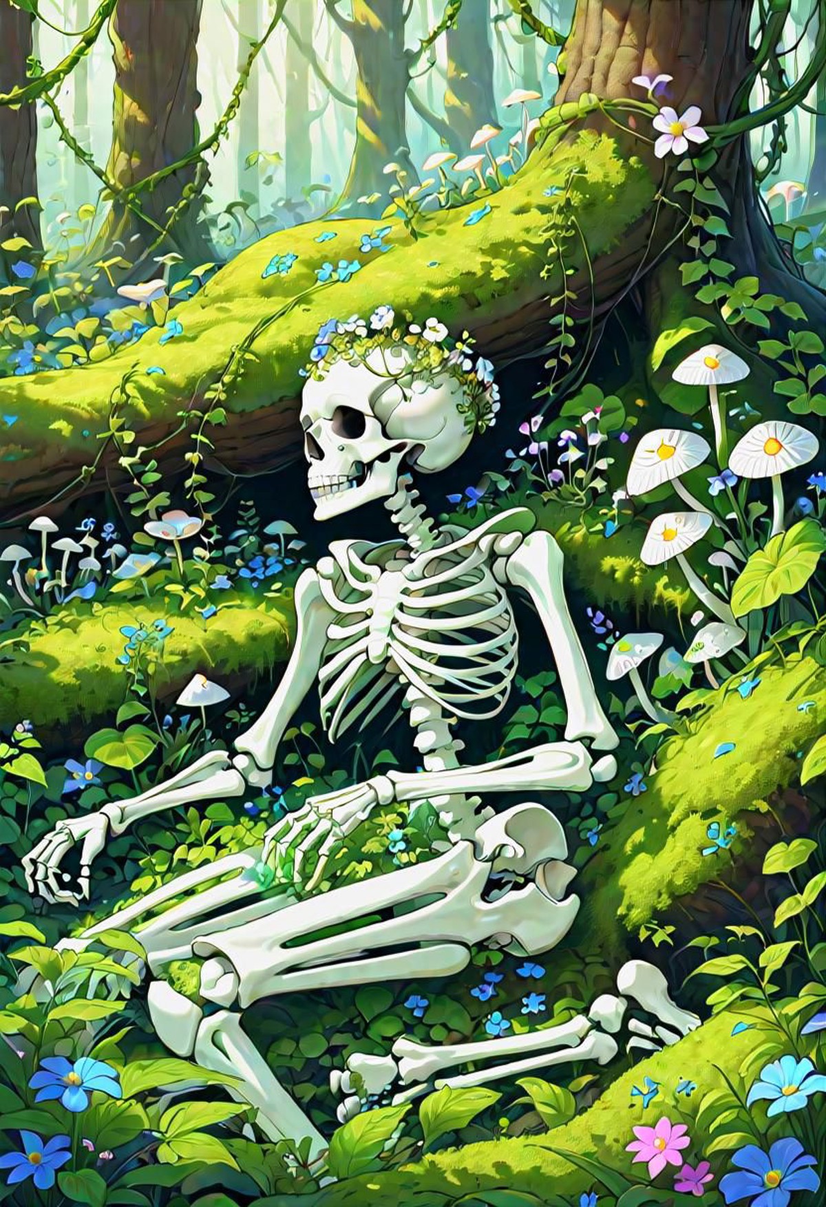 Skeleton lying on forest floor surrounded by flowers and mushrooms, flowers growing out of eye socket, vines twisted aroun...