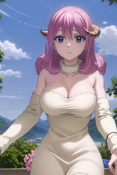 fairytailaries, <lora:aries s7-lora-nochekaiser:1>,
aries, long hair, pink hair, horns, sheep horns, (purple eyes:1.1),
BREAK cleavage, pantyhose, dress, white dress, detached sleeves, 
BREAK outdoors, nature, forest, sky, clouds, sun,
BREAK looking at viewer, (cowboy shot:1.5),
BREAK <lyco:GoodHands-beta2:1>, (masterpiece:1.2), best quality, high resolution, unity 8k wallpaper, (illustration:0.8), (beautiful detailed eyes:1.6), extremely detailed face, perfect lighting, extremely detailed CG, (perfect hands, perfect anatomy),