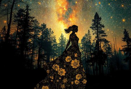 "Imagine a hyperdetailed fine art piece: a female silhouette moves through a half day half night forest Dreamscape. Her form is a captivating double exposure, filled with a night sky where stars morph into iridescent gold floral constellations, a style reminiscent of john berkey and syd mead