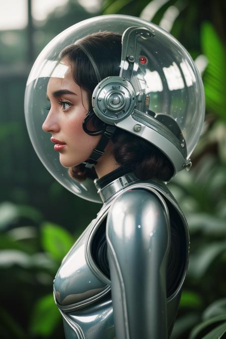 1 girl  polished aluminum suit alien jungle landscape jetpack glass dome helmet perfect curly hair 
Best quality, masterpiece, ultra high res, (photorealistic:1.4), raw photo, film grains, shallow, depth field, bokeh
atompunkstylesd15 w00ds
