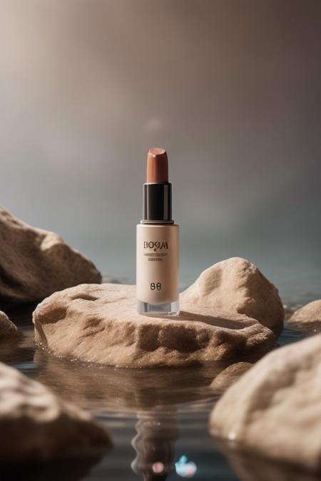 dark red lipstick, ,rock, water, reflect, no humans, depth of field, blue background, scenery, still life (Product Photography)  <lora:Product Photography:0.85>