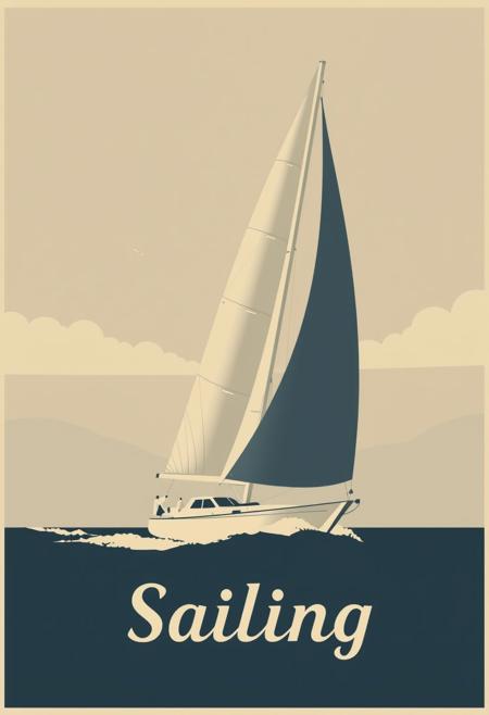 graphical art, sailboat, poster design, text "Sailing", vintage retro style, art deco, travel poster, sailing, monochrome