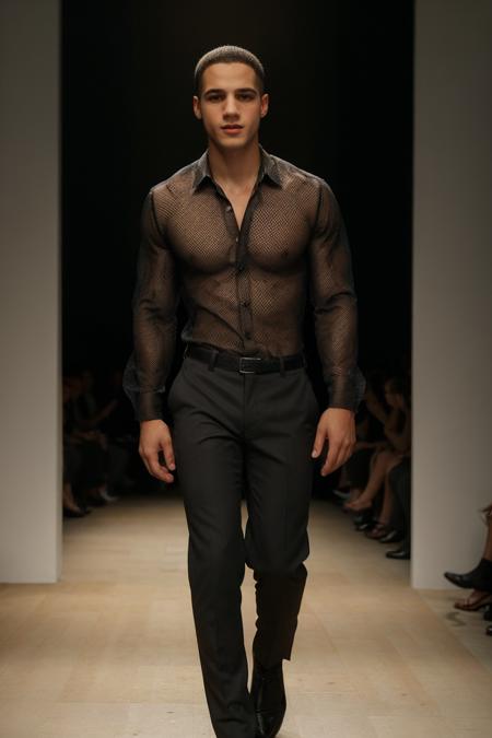 photo of man jordan_torres wearing givenchy shirt and walking down fashion runway, <lora:Jordan_Torres-10:0.9>