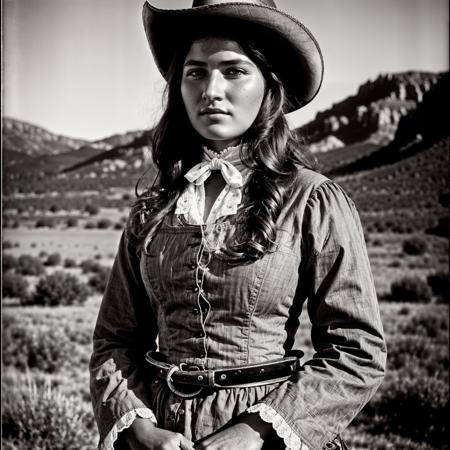 RAW, photorealistic, best_quality, cowboy-shot of a woman in the western american frontier, year 1860, the style of Ansel Adams
