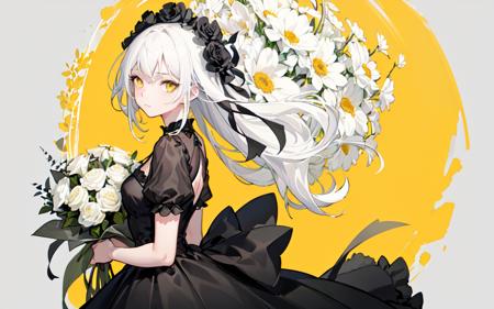 (best quality, masterpiece), (1girl, solo, black dress, standing , looking at viewer, white hair, yellow eyes, closed mouth, upper body), (Monochrome, giant bouquet background, floral_background)