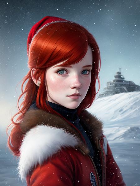 Portrait of girl with red hair and with cute face, north pole vibe, perfect composition, hyperrealistic, super detailed, 8k, high quality, trending art, trending on artstation, sharp focus, studio photo, intricate details, highly detailed, by greg rutkowski