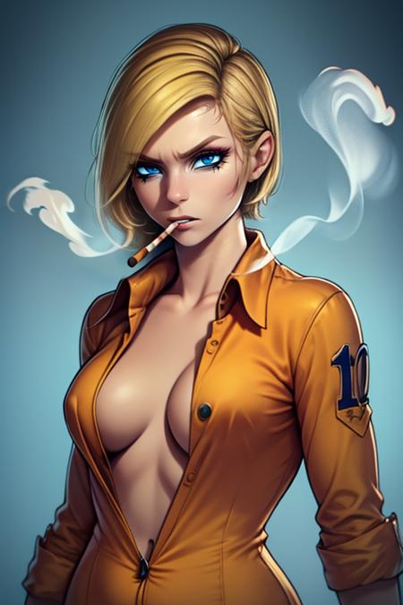 TheConvict, short blonde hair, blue eyes, tired expression, standing, upper body, cigarette, smoking , cowboy shot, solo, 
Orange Jumpsuit with number 10, no bra, purple and gold dungeon, (insanely detailed, beautiful detailed face, masterpiece, beautiful detailed eyes, best quality)
 <lora:TheConvict-10 v3:0.8>