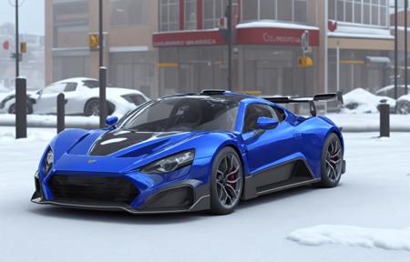 zenvotsrs sports car angled view parked in a snowy street in a (city:1.3), global illumination, volumetric lighting, best quality, highly detailed, illustration, cgi, octane render