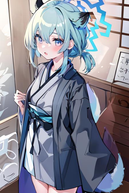 (masterpiece, best quality:1), 1girl, solo, <lora:BA_Shigure-10:1>, tail, halo, mayoi shigure, japanese clothes, gray kimono