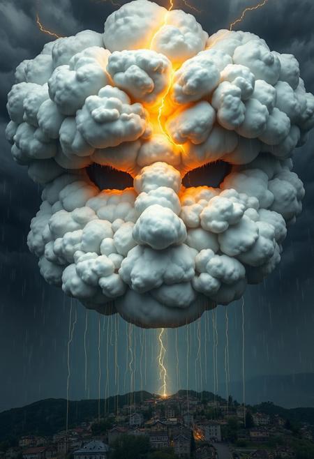 Create a hyper-realistic, hyper-detailed image of a face made entirely from puffy storm clouds, looking down from above a tiny miniature town. Lightning illuminates the storm clouds from within, casting an eerie glow. Rain falls from the stormy face, pouring down on the tiny town below. The face is rendered in exquisite detail, with soft, ominous clouds and dark, foreboding shadows. Style: hyper-realistic, surreal, whimsical. Colors: grays, whites, and blues, with flashes of yellow lightning. Highest-Quality, 4k, Masterpiece