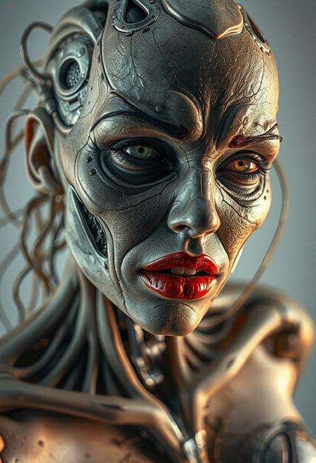 (highres, masterpiece:1.3), SHARP, CRU, HDR, 32K, ultra detailed, realistic, intricated, full body picture of a gorgeous biomechanical zombie realistic woman, red lips, highly detailed and textured, dutch angle, very realistic and impressive, fantastic dramatic color.