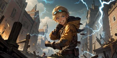 HEZI, LOL, \\\(lol style\\\), game cg, 1boy, electricity, male focus, blue eyes, solo, goggles on head, goggles, smile, brown hair, hood, glowing, gauntlets, gloves, jacket, lightning, building, hood down, looking at viewer, sky, outdoors, weapon, blonde hair, city, grin, fantasy, energy, tower<lora:LOLç®å°ç¹æ²å¤«-ç¥å®(8bit)-000010:0.6>,