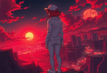 highly detailed manga artist Style, colorfull, in a desert, warm red early morning, hot, detailed soft glowing clouds. dim red sun, city lights and high buildings in the far background, dark shadows, dramatic lighting, dark theme, dark, rimlight, highly detailed,  low angle backshot, woman, standing on a cliff, back to the camera, short red glowing hair, thight white jacket, white cap, tight white leggings, white sneakers, slim body, tight ass, tight legs,