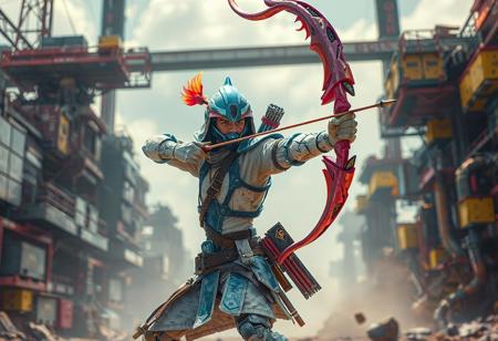 A detailed, action-details scene is depicted in 4K quality, featuring a blue and white Junk Archer  center stage, wielding Phoenix Bow in a dynamic pose. Junk Archer, colored pink and yellow,Machine Conversion Factory wait in the background, boasts vibrant colors, sharp lines, and harmonious hues, all set against a Machine Conversion Factory. It's reminiscent of a matte painting with impeccable composition, creative angles, and balanced editing, conveying a powerful message through vivid emotions. The focus is on the captivating lighting, intricate details, and well-timed moment, making it a stunning and dynamic artwork, worthy of trending on ArtstationHQ or CGSociety.