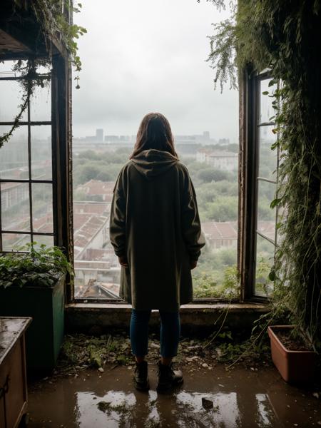 RAW photo, young european girl standing (back to  the viewer) in front of a (desolated, moos overgrown dormitory)) in ((dismaying apocalyptic overgrown city)), plant covered crumbling houses, overgrown traffic lights, destroyed cars full of plants, and a ghostly figure appearing in the window  ((night light, storm, rain)), (high detailed skin:1.2), 8k uhd, dslr, soft lighting, high quality, film grain, Fujifilm XT3