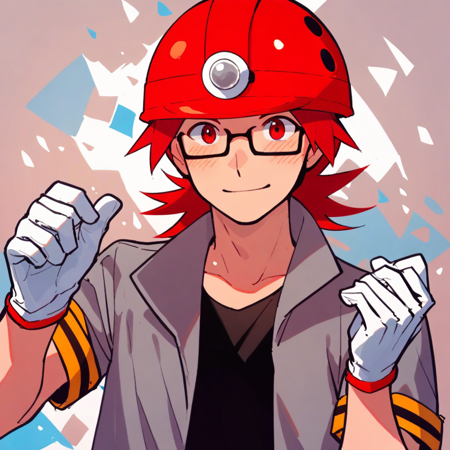 1boy, red hair, red eyes, medium hair, glasses red headwear, helmet grey jacket, black shirt, sleeveless, grey pants, white gloves black footwear, boots