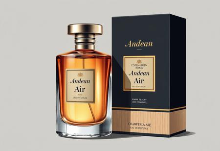 A hyper-detailed illustrator Perfume product poster design, eye-catching, elegant Bottle and Box, Name:" Andean Air", Brand: "COPENHAGEN ROYAL", "300 year Professional", " Eau De Perfume".
Apply 60-30-10 rule: 60% primary color: Warm Cream, Soft Light Wood
30% secondary color: Charcoal Gray, Rich Mahogany
10% accent color: Dusty Coral, Matte Black, Burnt Orange