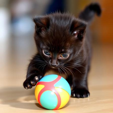 A playful, adorable black kitten with glossy fur, its eyes sparkling with curiosity and mischief. The little cat is gently batting at a colorful ball, rolling it across the floor with soft, delicate paws. Its tiny body moves with agile grace, every jump and swipe full of youthful energy. The kitten's fluffy tail flicks with excitement as it pounces on the ball, its playful antics creating an atmosphere of joy and innocence. The scene is filled with warmth, as the kitten's cuteness and playful nature bring a sense of light-heartedness and charm to the moment