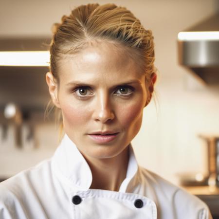 <lora:heidiklum_xl_lora:1> heidiklum, a close up portrait photo of 26 y.o woman in serious chef's coat, hair updo, pale skin, slim body, background is busy kitchen, (high detailed skin:1.2), 8k uhd, dslr, soft lighting, high quality, film grain, Fujifilm XT3