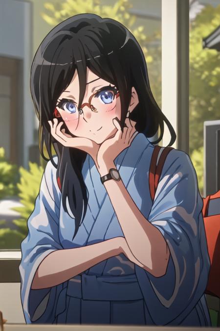 best quality, masterpiece, highres, solo, {yukata:1.40}, {kimono:1.20}, {tanaka_asuka_soundeuphonium:1.15}, black_hair, long_hair, glasses, blue_eyes, blush, red-framed_eyewear, serafuku, over-rim_eyewear, semi-rimless_eyewear, closed_mouth, hair_between_eyes