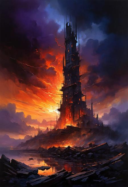 oil painting, fantasy, rpg, a tower in the moorland, dark clouds, dark moor, (misty:1.5), creepy atmosphere, dramatic light, (darkness:2.5), 34K uhd, masterpiece, high detail, 8k, intricate, detailed, high resolution, high res, high quality, <lora:add-detail-xl:1.8>, highly detailed, Extremely high-resolution details, fine texture, darkness
Abstract illustration, surreal fractured landscape, twilight sky with deep indigo to fiery orange gradient, towering geometric shapes resembling shattered glass and steel beams, inner light glowing within structures, dark polished surface reflecting light, ethereal swirling fog in muted purples and blues, vibrant golds and reds in the distance, bursts of light and shadow creating dynamic contrast, white beam of light piercing the sky symbolizing memory and hope, abstract expressionism and digital futurism hybrid, bold colors with intense reds, blacks, golds, and silver, light casting long stretched shadows, broad sweeping brushstroke textures enhanced with digital precision, mist swirling at the base of the scene, radiant sky evoking reflection and honor, powerful and dramatic atmosphere, emotional tribute to 9/11 without banality or figures.