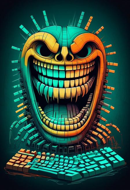 an adroit d3press1on illustration, in the playful scribble drawing style. triadic complementary colors, dark and moody surreal nightmare of an eerie laugh, teeth are jagged keyboard keys, a mouth distorted, wide grin, and full of teeth made of keyboard keys, in the realm of the damned dreaded souls, teal and orange color grading, yellow abstract geometric gradients stain the orangish background
"The Keyclaw"